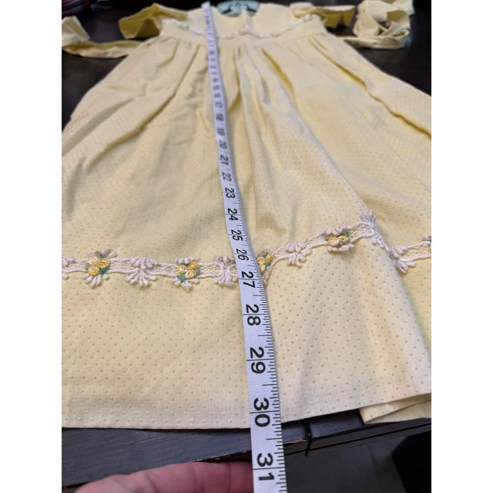 Vintage Yellow Swiss Dot Girls Dress Floral Lace Trim Puff Sleeve Bow Back‎